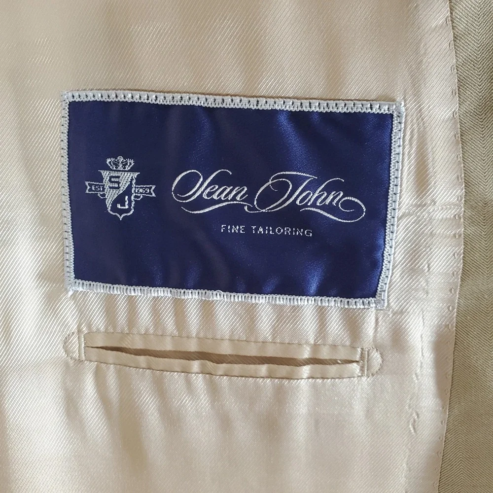 Sean John 43R 37R Gold Beige Silk Wool Two-Piece Suit Blazer Pants Career Formal